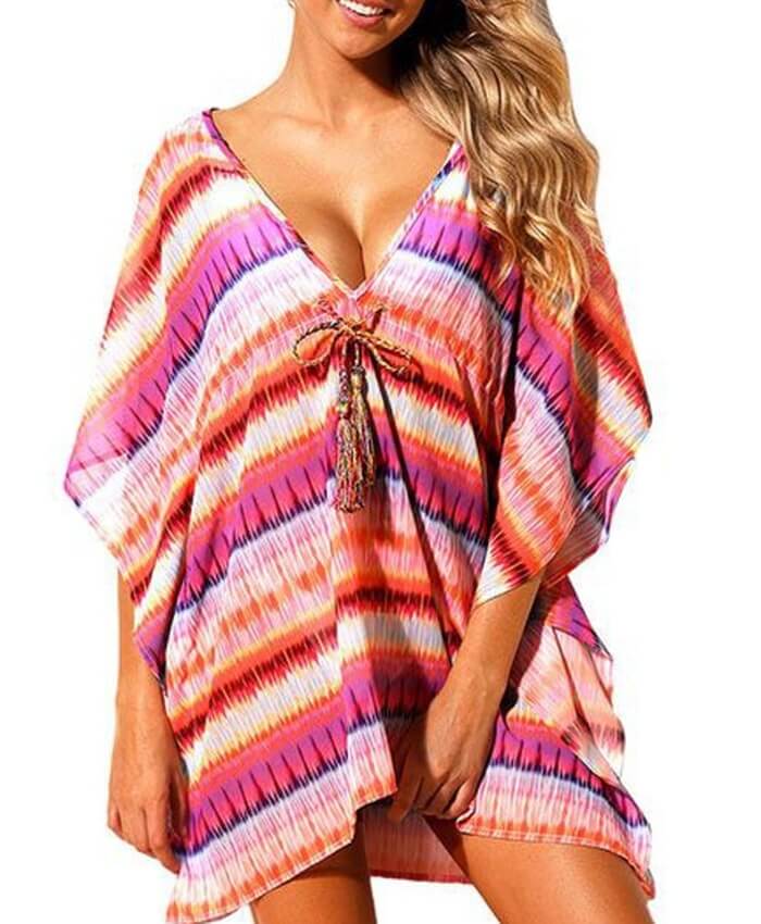 Printed Drawstring Detail V Neck Cover Up